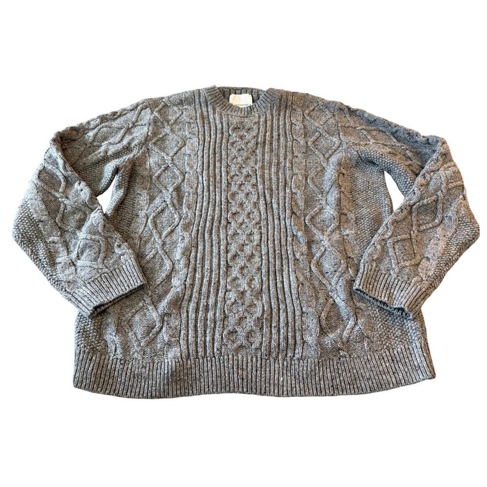 Lucky Brand Mens XL Grey Cable Knit Crew Neck Wool Blend Fisherman Sweater